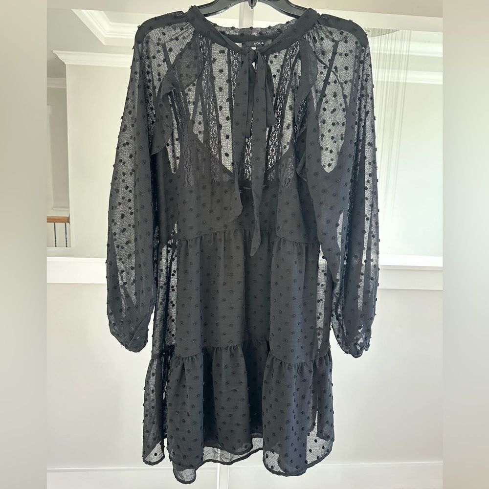 Aqua Swiss dot ruffle dress with front tie